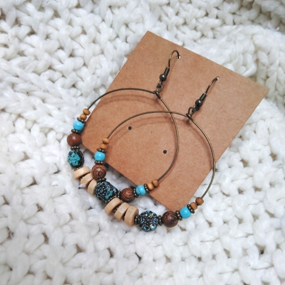 2 For 25$ Bohemian Hoop Earrings With Blue And Brown Beads